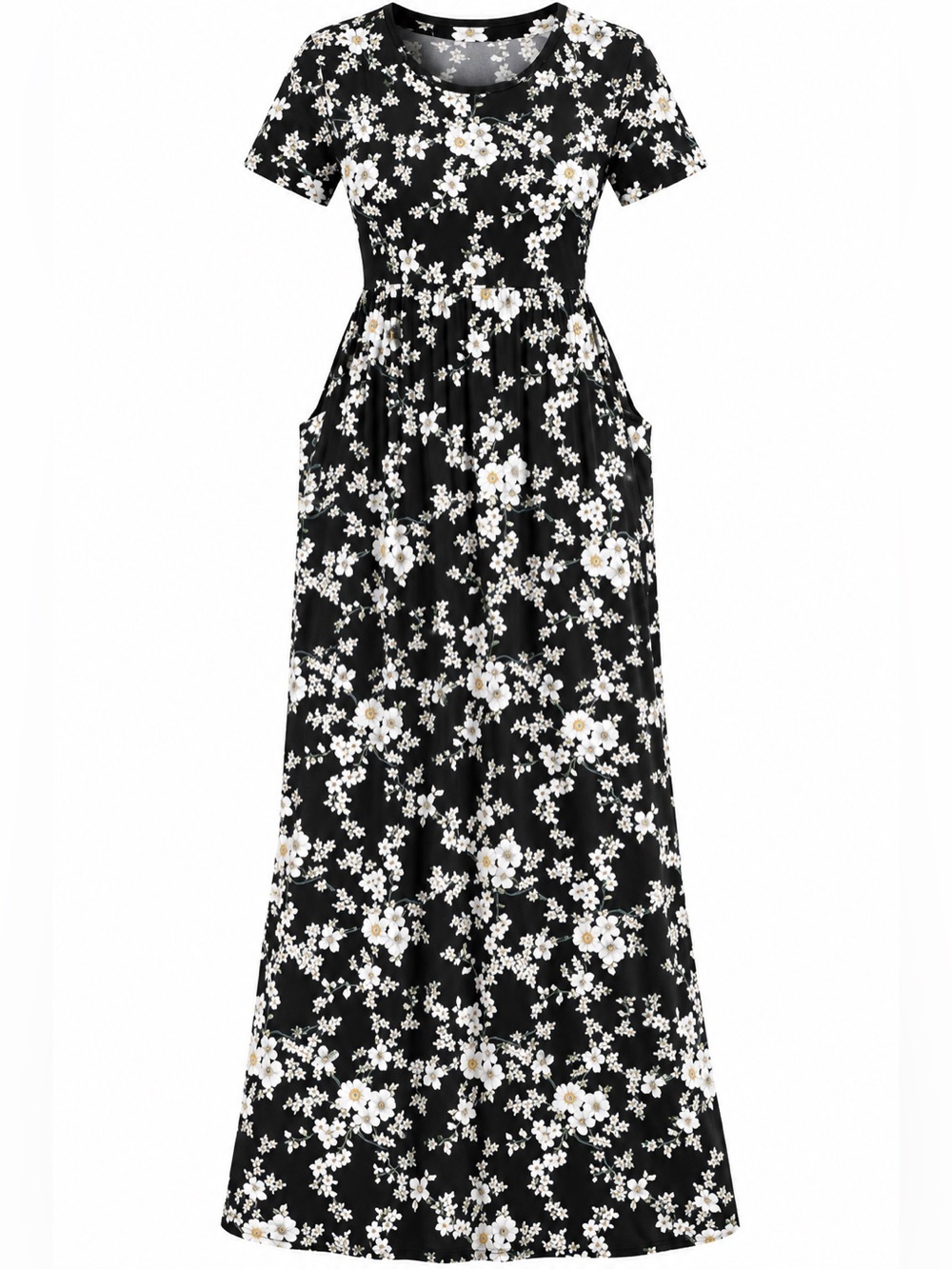 Black Floral Short-Sleeve Maxi Dress with Pockets